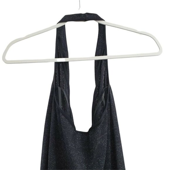 BEBE Mini Dress Medium Large Black Metallic Halter Open Back Stretch Party Sexy - Picture 4 of 9